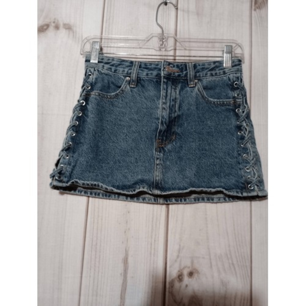 Pacsun Denim Mini Skirt Lace Up Sides Distressed Blue Size 23‎